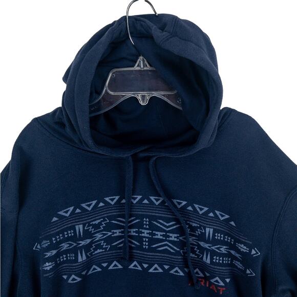 Ariat Hoodie Men’s Medium Pullover Navy Blue Southwest Graphic Logo Ranch Fleece - Picture 4 of 13